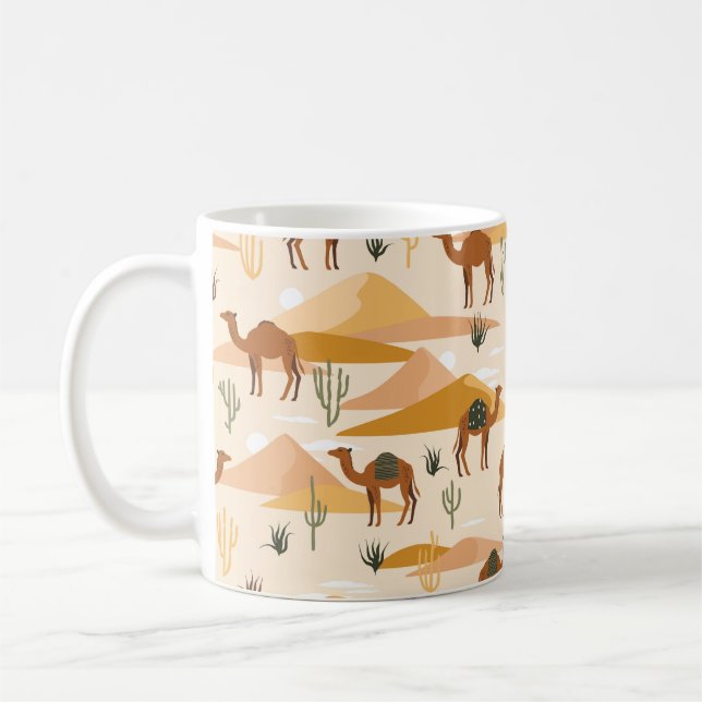 Seamless pattern with camels, dunes and cacti. Cut Coffee Mug (Left)