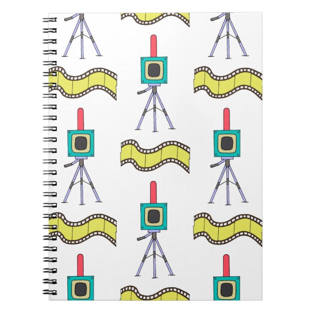 Seamless pattern with cameras and film strips on a notebook (Front)