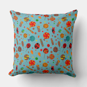 Seamless pattern with candies, lollipops, blue bac cushion