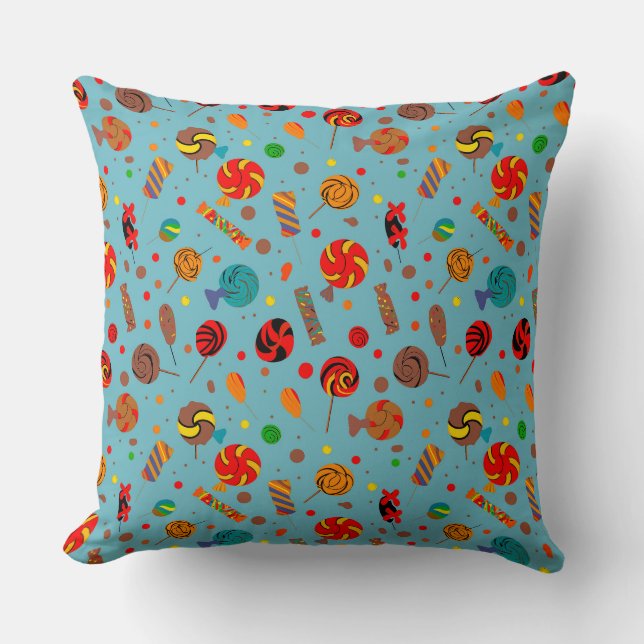 Seamless pattern with candies, lollipops, blue bac cushion (Front)