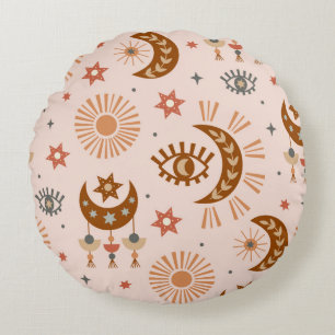 seamless pattern with celestial eye, moon, sun round cushion