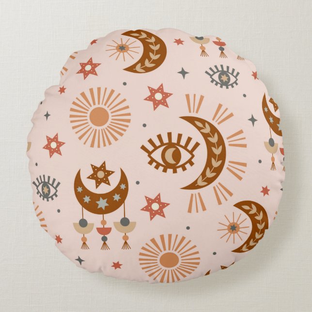 seamless pattern with celestial eye, moon, sun round cushion (Front)