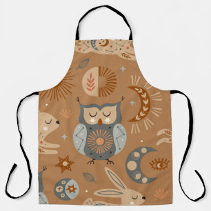 seamless pattern with celestial owl and hare apron