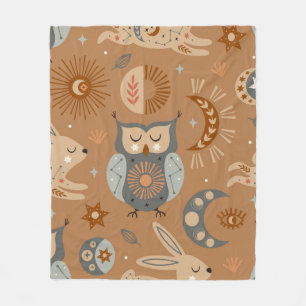 seamless pattern with celestial owl and hare fleece blanket