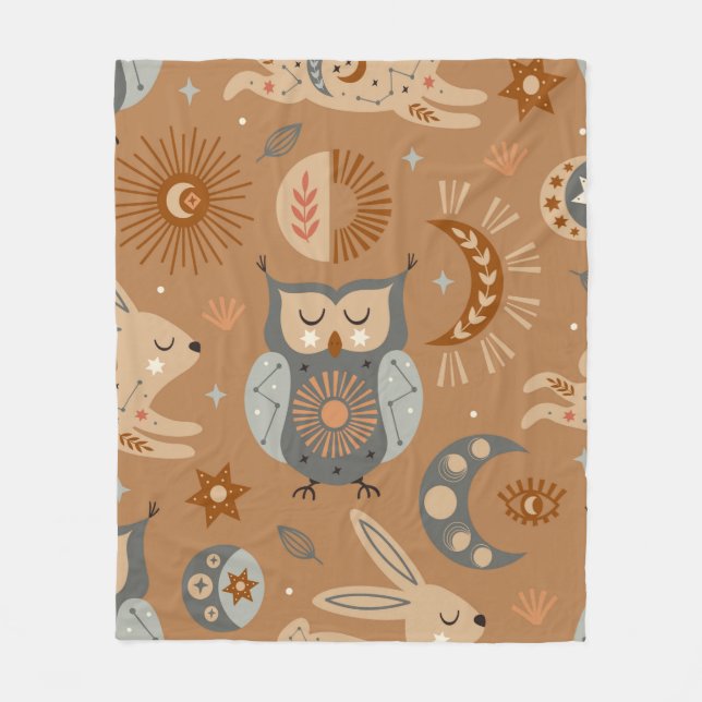 seamless pattern with celestial owl and hare fleece blanket (Front)