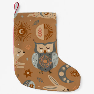 seamless pattern with celestial owl and hare small christmas stocking