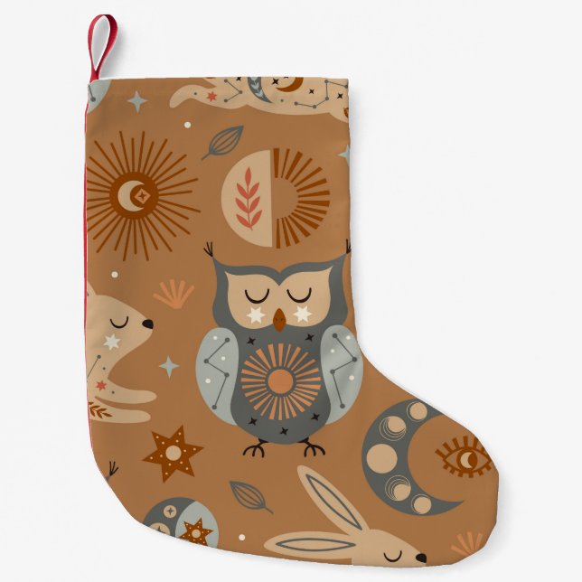 seamless pattern with celestial owl and hare small christmas stocking (Front)