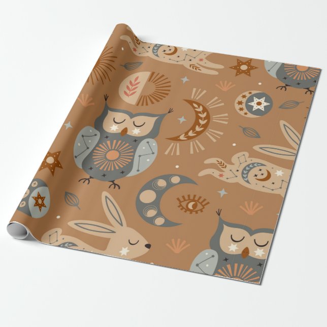 seamless pattern with celestial owl and hare wrapping paper (Unrolled)