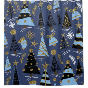 Seamless pattern with Christmas glitter trees, bel Shower Curtain