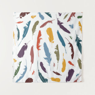 Seamless pattern with colored feathers on a light. tapestry