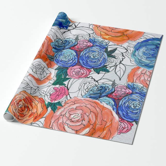 Seamless pattern with colourful flowers wrapping paper (Unrolled)