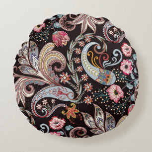 Seamless pattern with colourful paisley floral round cushion