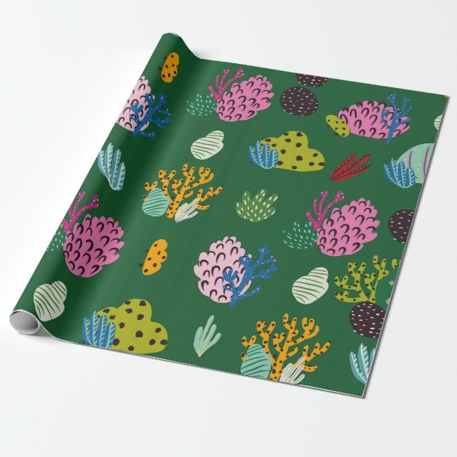 Seamless pattern with corals branches and sea plan wrapping paper (Unrolled)