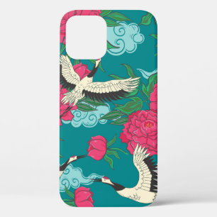 Seamless pattern with cranes and peonies. Vintage  iPhone 12 Case