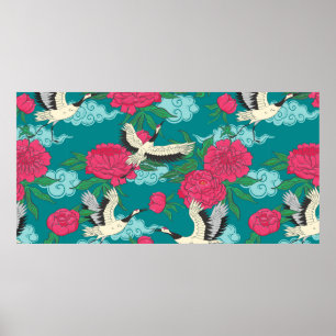 Seamless pattern with cranes and peonies. Vintage Poster
