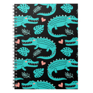 Seamless pattern with cute cartoon crocodiles notebook