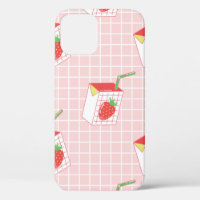 Seamless pattern with cute cartoon strawberry milk
