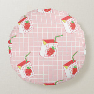 Seamless pattern with cute cartoon strawberry milk round cushion