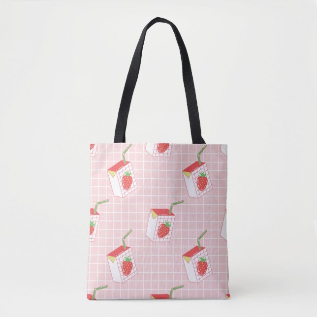 Seamless pattern with cute cartoon strawberry milk tote bag (Front)