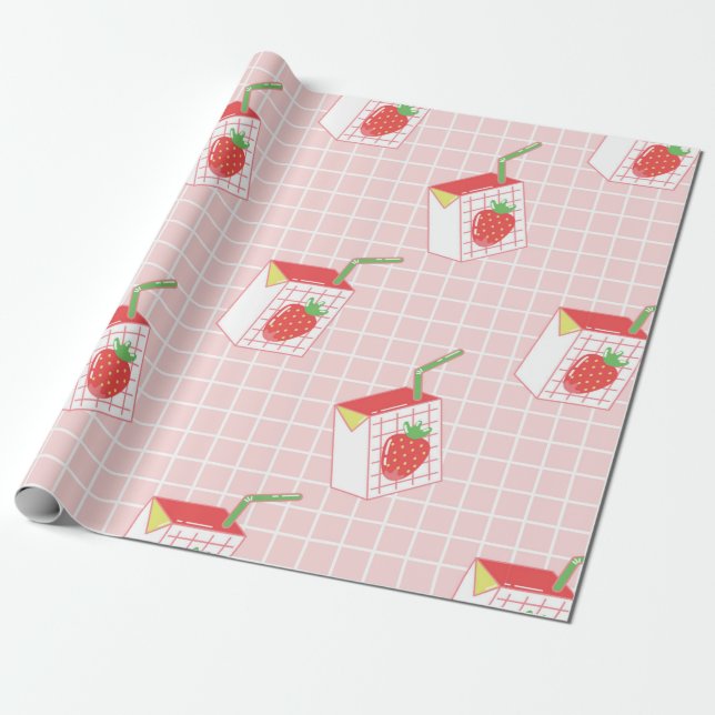 Seamless pattern with cute cartoon strawberry milk wrapping paper (Unrolled)