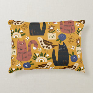 Seamless pattern with cute cats and bird. hand dra decorative cushion