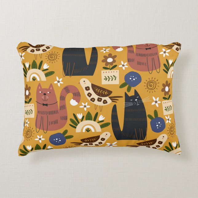 Seamless pattern with cute cats and bird. hand dra decorative cushion (Front)