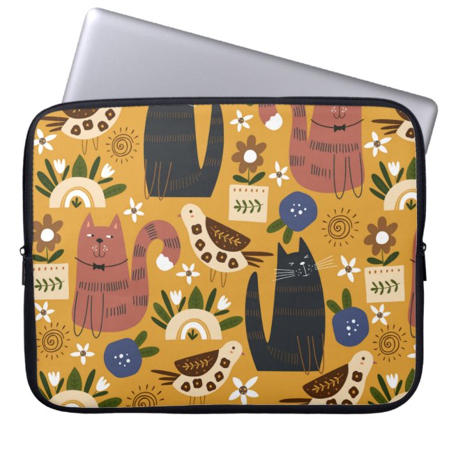 Seamless pattern with cute cats and bird. hand dra laptop sleeve (Front)