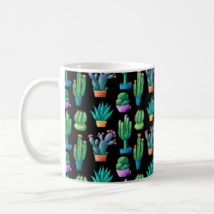 Seamless pattern with cute colourful cacti, tall, coffee mug