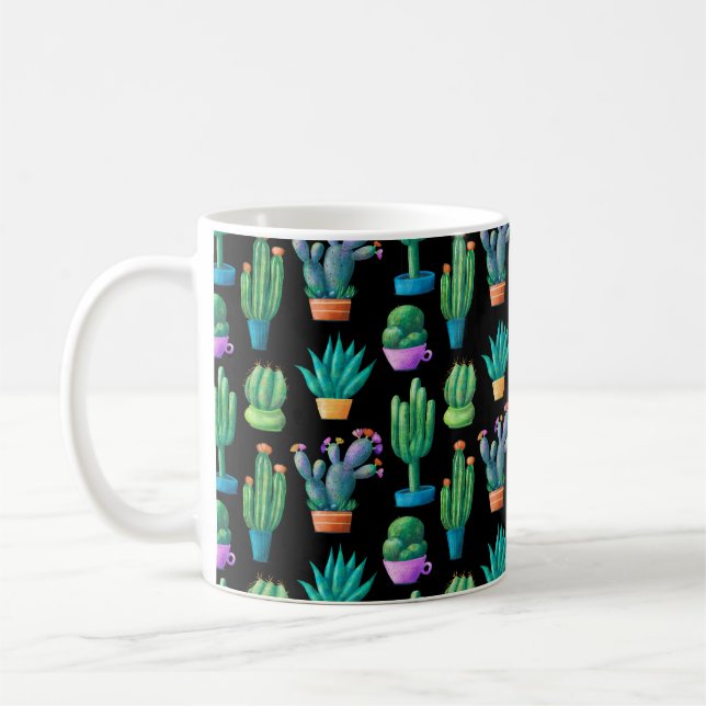 Seamless pattern with cute colourful cacti, tall,  coffee mug (Left)