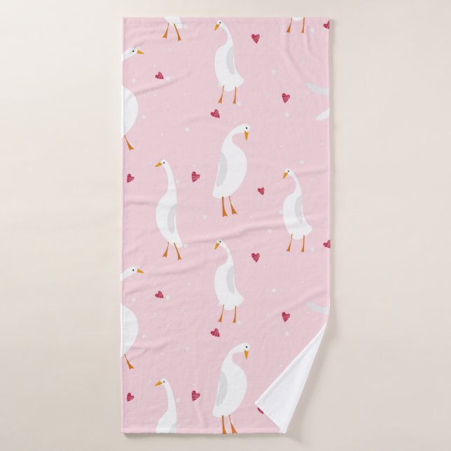 Seamless pattern with cute duck with heart on pink bath towel (Bath Towel)