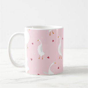 Seamless pattern with cute duck with heart on pink coffee mug