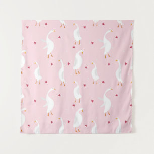 Seamless pattern with cute duck with heart on pink tapestry