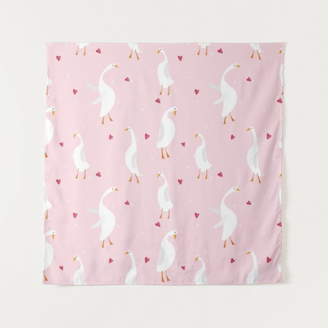 Seamless pattern with cute duck with heart on pink tapestry (Front)