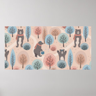 Seamless pattern with cute funny handdrawn bears i poster