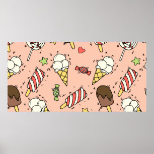 Seamless pattern with cute ice cream and lollipops poster