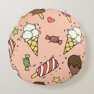 Seamless pattern with cute ice cream and lollipops round cushion