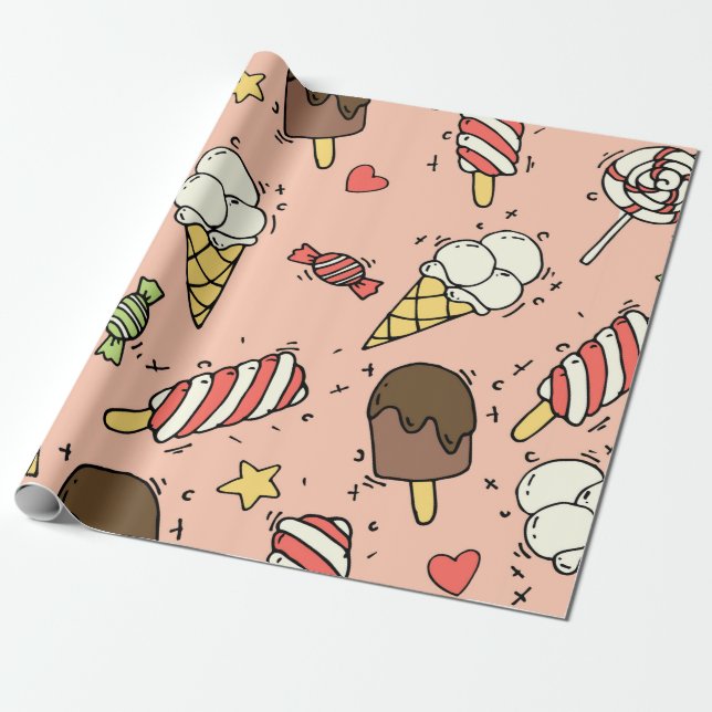 Seamless pattern with cute ice cream and lollipops wrapping paper (Unrolled)