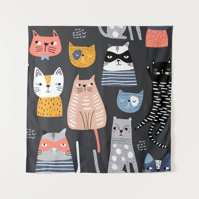 Seamless pattern with cute Kittens in diferent sty Tapestry (Front)
