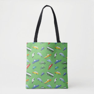Seamless pattern with cute retro hand drawn cars tote bag