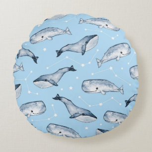 Seamless pattern with cute whales and stars. Water Round Cushion