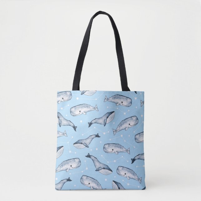 Seamless pattern with cute whales and stars. Water Tote Bag (Front)