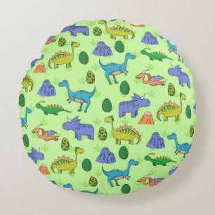 Seamless pattern with different cute dinosaurs, mo round cushion