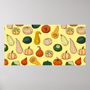 Seamless pattern with different hand drawn squashe poster