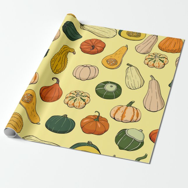 Seamless pattern with different hand drawn squashe wrapping paper (Unrolled)