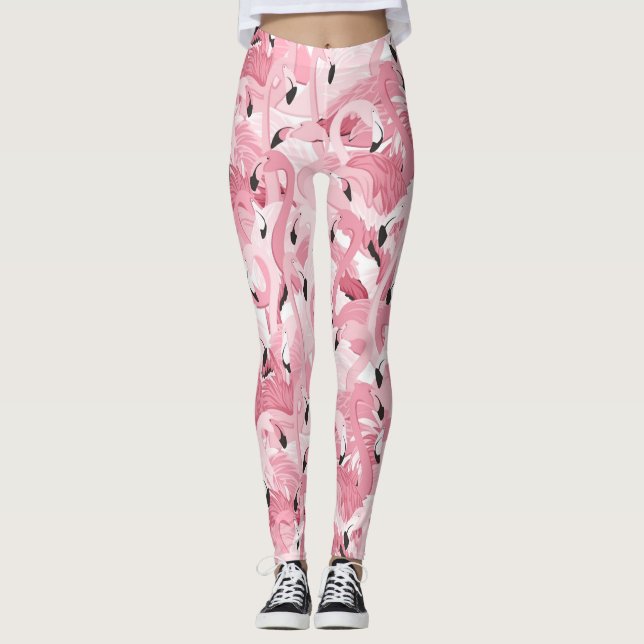 seamless pattern with exotic pink flamingos birds leggings (Front)