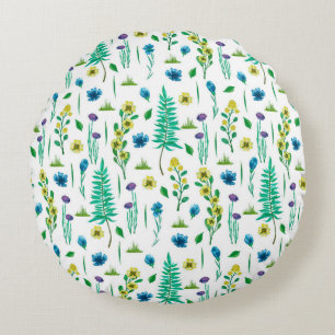 Seamless pattern with fern and flowers round cushion