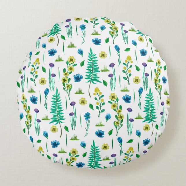 Seamless pattern with fern and flowers round cushion (Front)
