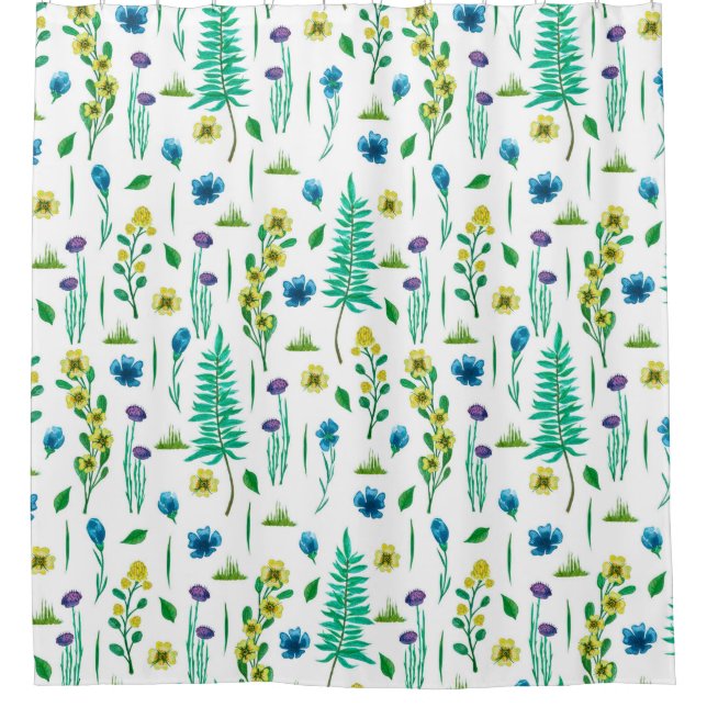 Seamless pattern with fern and flowers shower curtain (Front)