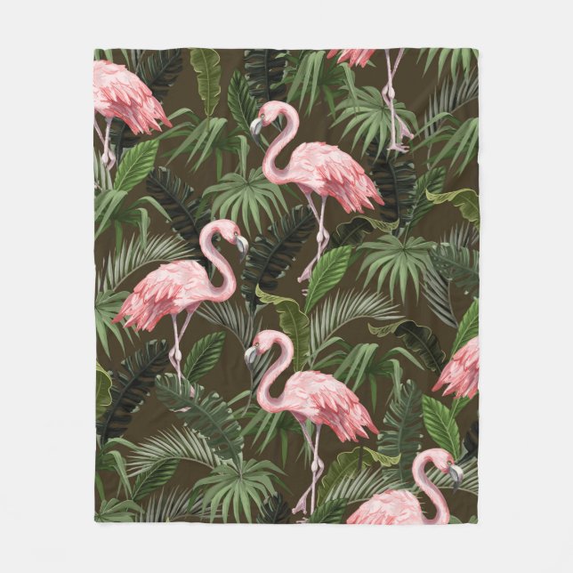 Seamless pattern with flamingo and tropical leaves fleece blanket (Front)