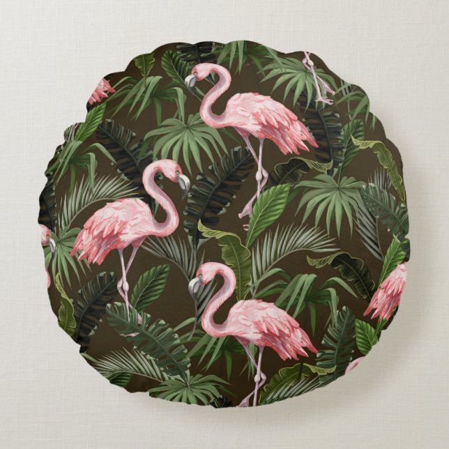 Seamless pattern with flamingo and tropical leaves round cushion (Front)